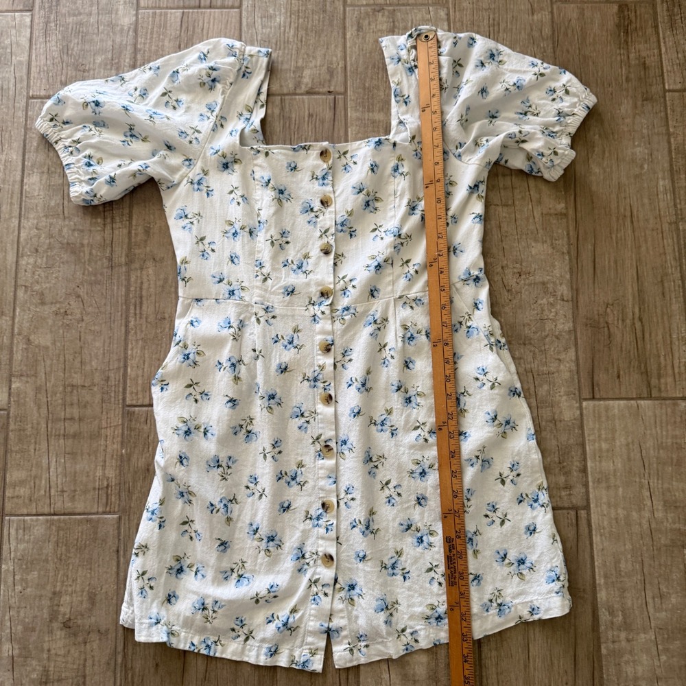Old Navy Floral Puff Sleeve Button Up Mini Dress White Blue Square Neck Smocked - Picture 6 of 12